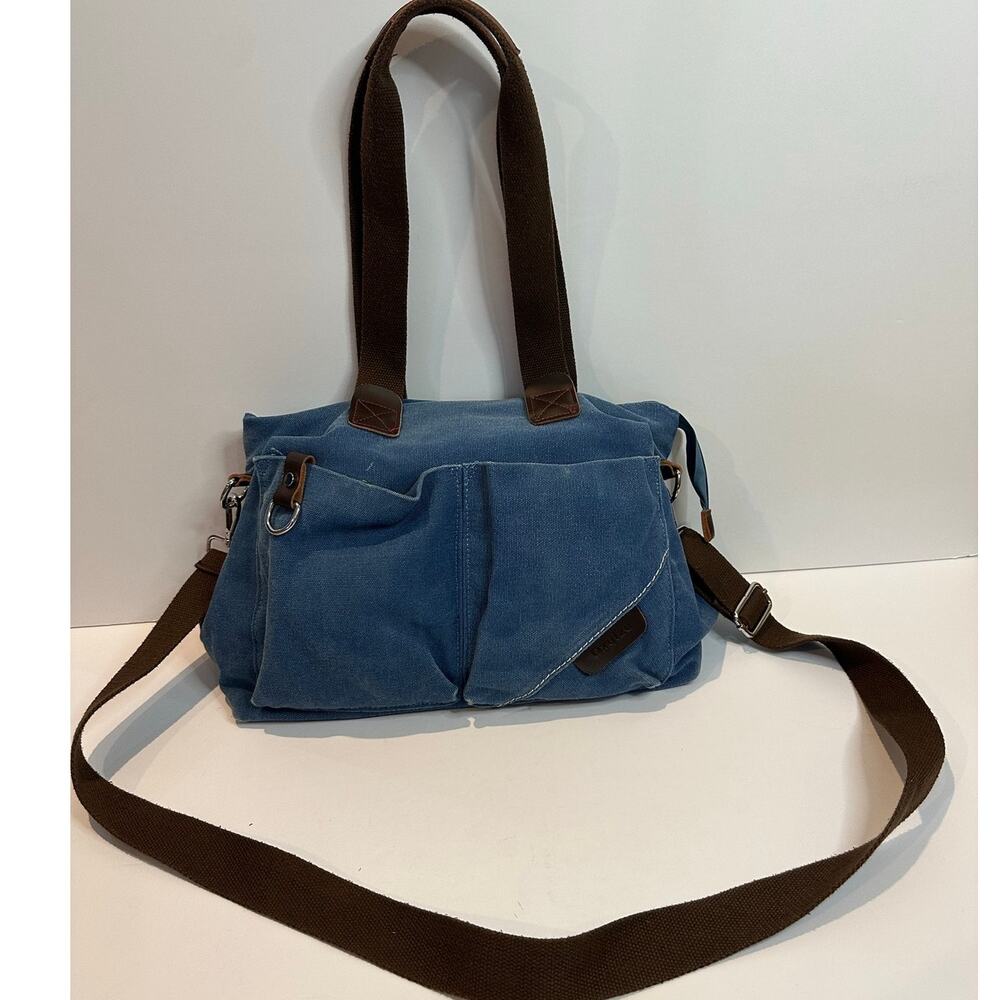 DXYIZU Canvas Multi Pocket Hobo Tote Bag Blue Crossbody 14.5x12.5x5